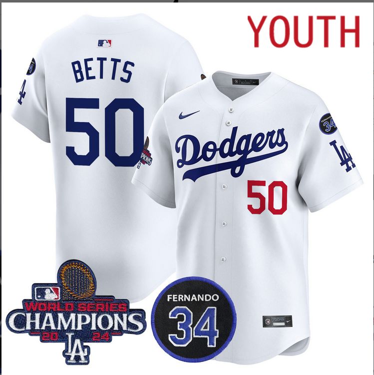 Youth MLB Los Angeles Dodgers 50 Betts white 2024 World Series Champions Patch Limited Jersey